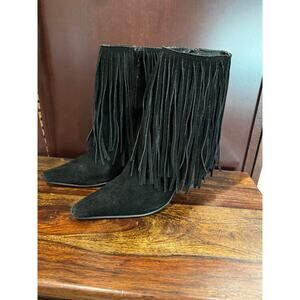 Black Suede Fringe Pointed Toe Heeled Boots Western Boho Indie Glam W Sz 7